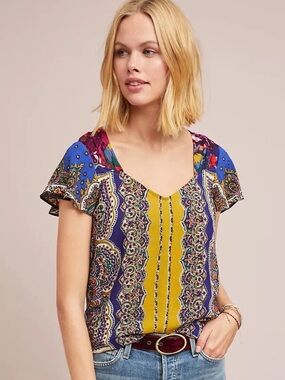 Anthropologie x Moulinette Seours Teresita Scraf-Printed Blouse Size 2